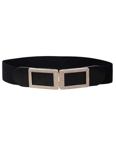 NYFASHION101 Women's Stretch Waist Belt w/ Stone Stud Square Front Closure, Black
