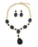 Hanging Encircled Teardrop Navy Stone and Dangling Earrings Set in Gold-Tone