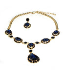 Hanging Encircled Teardrop Navy Stone and Dangling Earrings Set in Gold-Tone