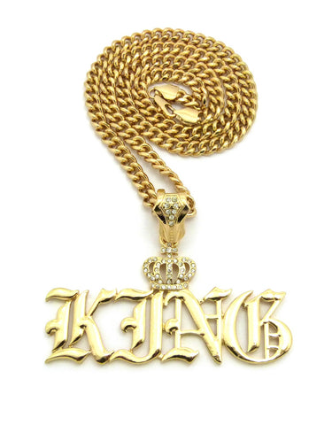 Stone Stud Crown Calligraphic KING Pendant w/6mm 24" Cuban Chain Necklace, Gold-Tone