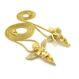 Stone Stud Extended Wing Praying Angel Set w/ 24" & 30" Gold-Tone Box Chain Necklaces