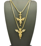 Stone Stud Extended Wing Praying Angel Set w/ 24" & 30" Gold-Tone Box Chain Necklaces