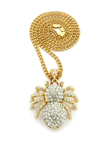 Stone Stud Red Eyed Spider Pendant w/5mm 30" Cuban Chain Necklace, Gold/Silver-Tone