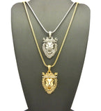 Dual Tone Stone Stud Crown Lion Pendant Set w/ 2mm 24" & 30" Box Chain Necklace