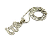 Unisex Stone Stud Tilted Crown Letter Initial Micro Pendant 2mm Box Chain Necklace, 20", B
