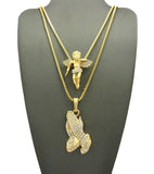 Wing Studded Flying Angel & Stone Stud Praying Hands Pendant Set w/ 2mm Box Chains in Gold-Tone