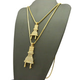 Dual Stone Stud Power Plug Pendant Set w/ Gold-Tone Box Chain Necklaces - 2049G