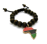 Pan Africa Continent Charm with 12mm Adjustable Wooden Bead Macrame Bracelet