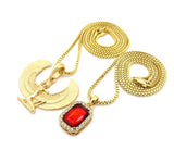 Faux Ruby Stone & Winged Kneeling Egyptian Goddess Maat Pendant Set w/ 2mm Box Chains in Gold-Tone