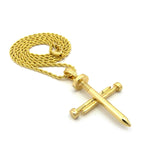 Simple Studded Reversible 3 Cross Nail Pendant w/ 2mm 24" Rope Chain Necklace in Gold-Tone