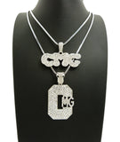 Stone Stud Hip Hop CMG Record Label Initials Pendant Set with 2mm 24" & 30" Box Chain Necklaces