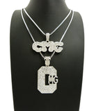 Stone Stud Hip Hop CMG Record Label Initials Pendant Set with 2mm 24" & 30" Box Chain Necklaces