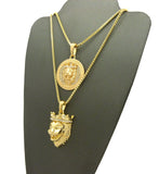 Stone Stud King Lion Medal & King Lion Pendant Set w/ 2mm 24" & 30" Box Chain Necklaces in Gold-Tone