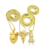 Stone Stud Power Plug, Extended Wing & King Lion Pendant Set w/ Chain Necklaces in Gold-Tone