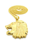 Side-Face Roaring Lion Leo Zodiac Pendant w/ 4mm 30" Cuban Chain Necklace in Gold-Tone
