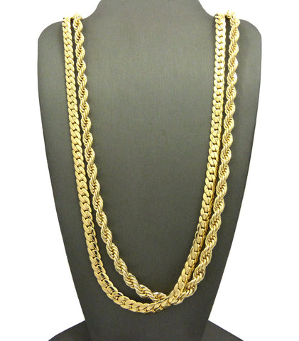 Unisex Hip-Hop Style 6mm 30" Rope Chain and Miami Cuban Chain Necklaces in Gold-Tone