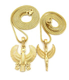 Winged Egyptian Goddess & Horus Falcon Pendant Set 2mm 24" & 30" Box Chain Necklace in Gold-Tone