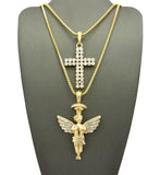 2 Row Stone Cross & Stone Stud Halo Angel Pendant Set w/ 24" & 30" Box Chain Necklaces in Gold-Tone