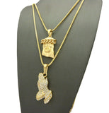 Cuban Crown Jesus Head & Stone Stud Praying Hands Pendant Set w/ 2mm Box Chains in Gold-Tone