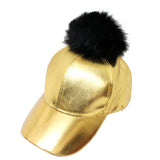 Fur Pom Pom Adjustable Snapback Faux Leather Precurved Baseball Cap