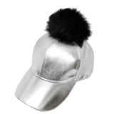 Fur Pom Pom Adjustable Snapback Faux Leather Precurved Baseball Cap