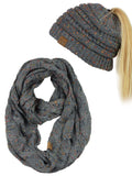 C.C Colorful Confetti BeanieTail Messy High Bun Cable Knit Beanie and Infinity Loop Scarf Set