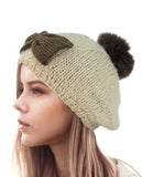 NYfashion101 Soft Pom Pom Two Tone Handmade Bow Knit Beanie Hat