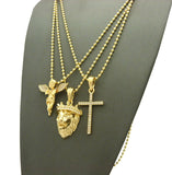 Praying Angel, King Lion, & Single Row Cross Pendant Set w/ Gold-Tone Ball Chain Necklaces
