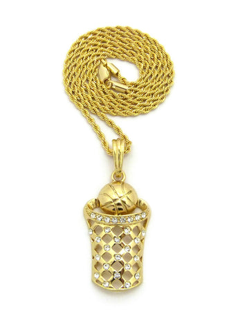 Stone Stud Basketball Net Pendant , Gold-Tone