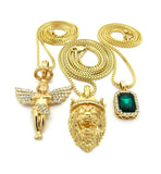 Faux Emerald Stone, Halo Angel & King Lion Pendant Set w/ Multi Length Box Chains in Gold-Tone