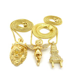 Stone Stud Power Plug, Extended Wing & King Lion Pendant Set w/ Chain Necklaces in Gold-Tone