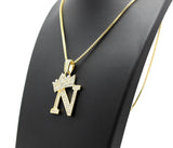 Stone Stud Allover Tilted Crown Initial N Pendant w/ 2mm 24" Box Chain Necklace, Gold-Tone