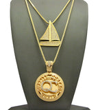 Stone Stud Sailboat & Micro Initials QC Pendant Set w/Box Chain Necklaces, Gold-Tone