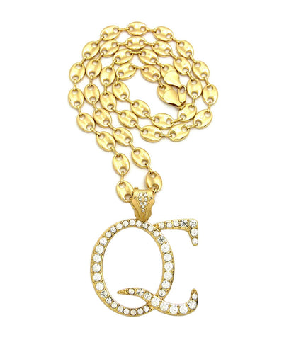 Stone Stud Calligraphic Initials QC Pendant w/ 10mm 30" Mariner Chain Necklace, Gold-Tone