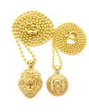 Solid Narrow Lion Head Medal & 3D Lion Head Pendant Set 2mm 24" & 30" Ball Chain Necklace in Gold-Tone