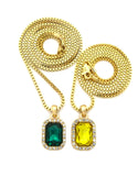 Micro Yellow & Faux Emerald Stone Pendant Set 2mm 24" & 30" Box Chain Necklace in Gold-Tone