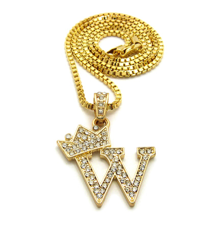 Unisex Stone Stud Tilted Crown Letter Initial Micro Pendant 2mm Box Chain Necklace, 20", W,