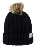 C.C Kids' Children's Cable Knit Faux Fuzzy Fur Pom Fleece Lined Cuff Beanie