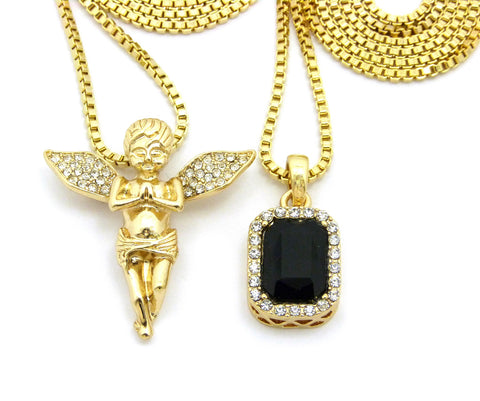 Stone Stud Extended Wing Praying Angel & Colored Gemstone Set w/ 24" & 30" Gold-Tone Box Chains