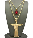 Colored Gemstone & Christ the Redeemer Pendant Set w/ 24" & 30" Box Chain Necklaces in Gold-Tone