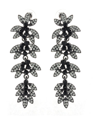 Women's Rhinestone Studded Leaf Dangling Black Stone Vine Earrings in Black