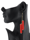 Women's Wood Cylinder Mini Stone Stud Ends Link Chain Dangle Pierced Earrings Set, Green/Red/Yellow