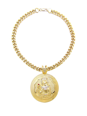 NYFASHION101 Stone Stud St. Barbara Round Pendant 9mm Cuban Chain Necklace