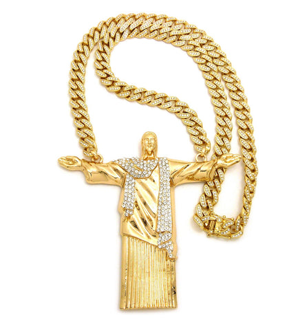 Stone Stud Christ the Redeemer Pendant with 12mm 30" Iced Out Cuban Chain Necklace in Gold-Tone