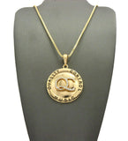 Stone Stud QC Initials on Polished Round Pendant w/ 24" Necklace in Gold-Tone