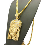 Stone Stud Woven Crown of Thorns Jesus Head Pendant w/6mm 30" Box Cuban Chain Necklace, Gold-Tone