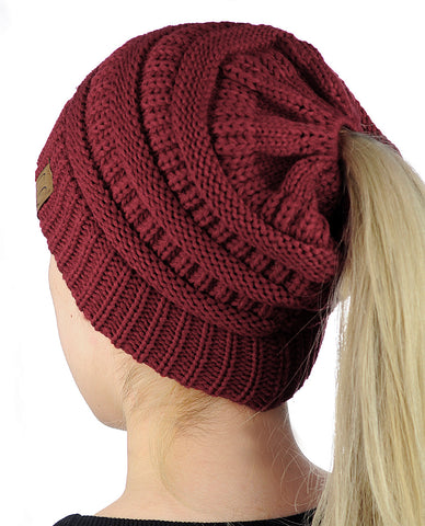 C.C BeanieTail Soft Stretch Cable Knit Messy High Bun Ponytail Beanie Hat