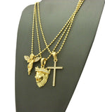 Extended Wing Angel, King Lion, & Slim Cross Pendant Set w/ 2mm 24" Ball Chain Necklaces in Gold-Tone