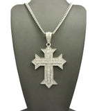Stone Stud Simple Cross on Heraldic Cross Pendant w/6mm 36" Cuban Chain Necklace, Silver-Tone