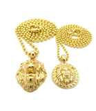 Solid Narrow Lion Head Medal & 3D Lion Head Pendant Set 2mm 24" & 30" Ball Chain Necklace in Gold-Tone